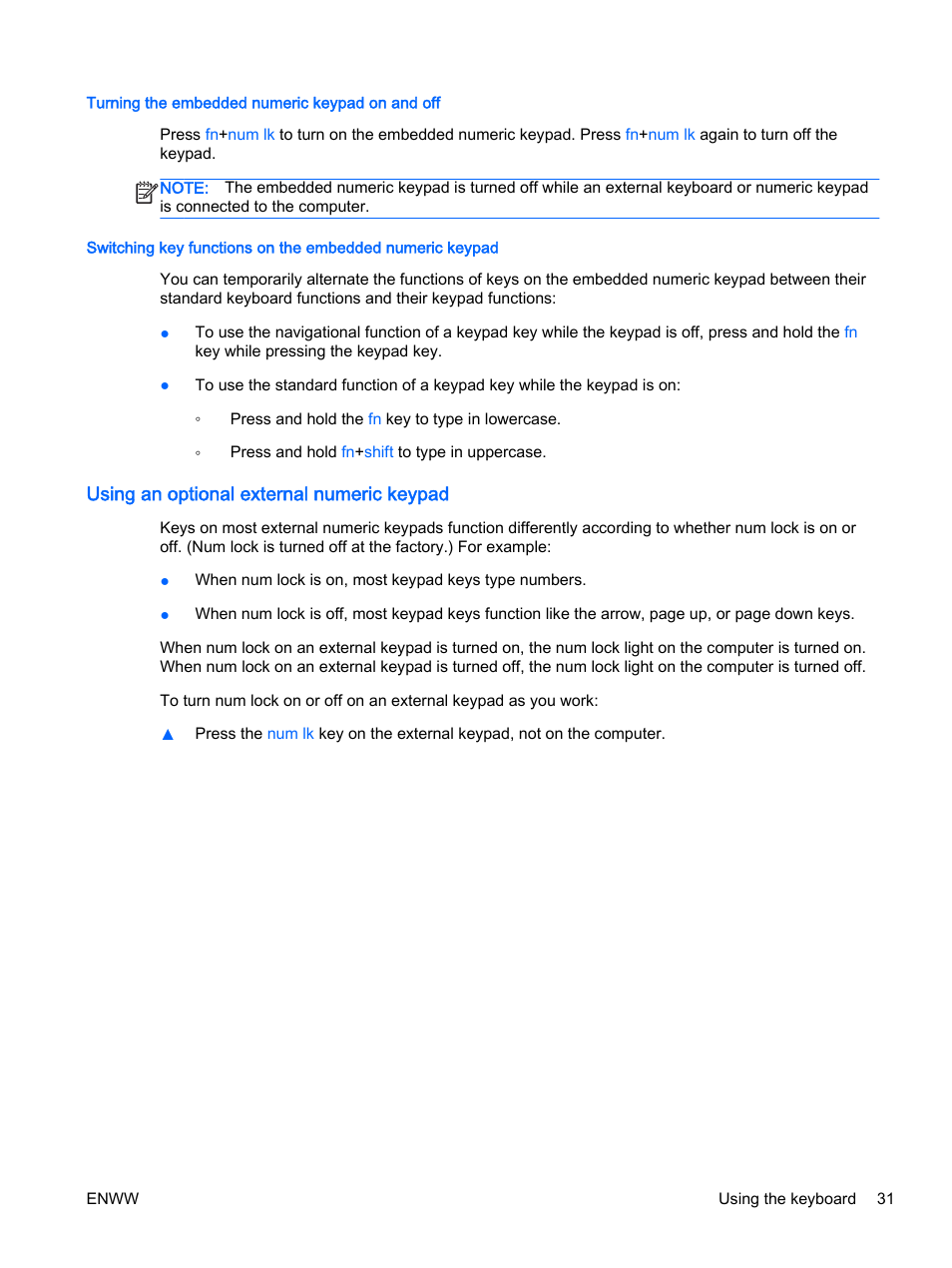 Turning the embedded numeric keypad on and off, Using an optional external numeric keypad | HP 350 G1 Notebook PC User Manual | Page 41 / 104