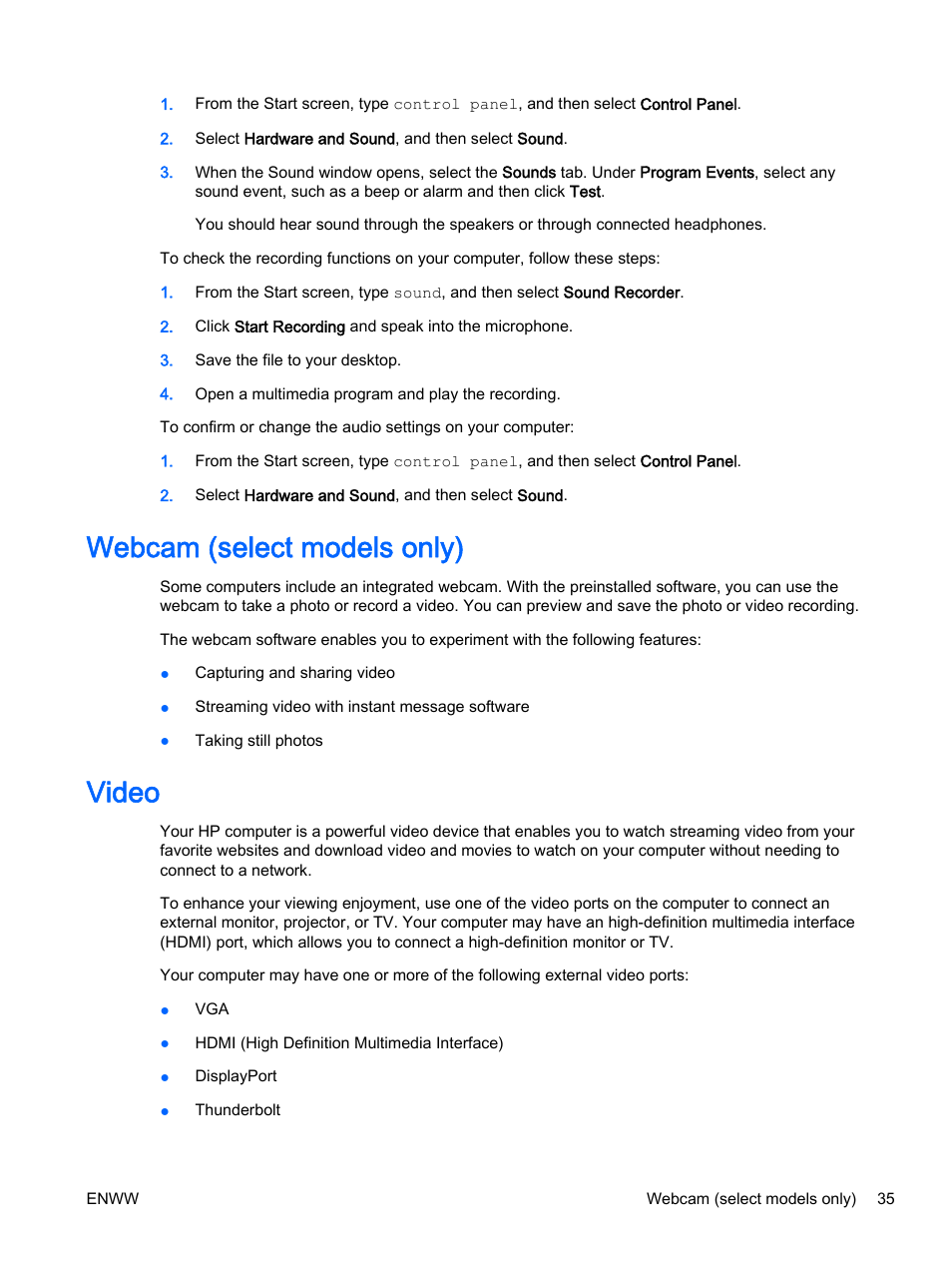 Webcam (select models only), Video, Webcam (select models only) video | HP 350 G1 Notebook PC User Manual | Page 45 / 104