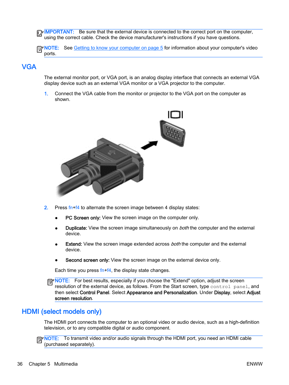 Hdmi (select models only), Vga hdmi (select models only) | HP 350 G1 Notebook PC User Manual | Page 46 / 104