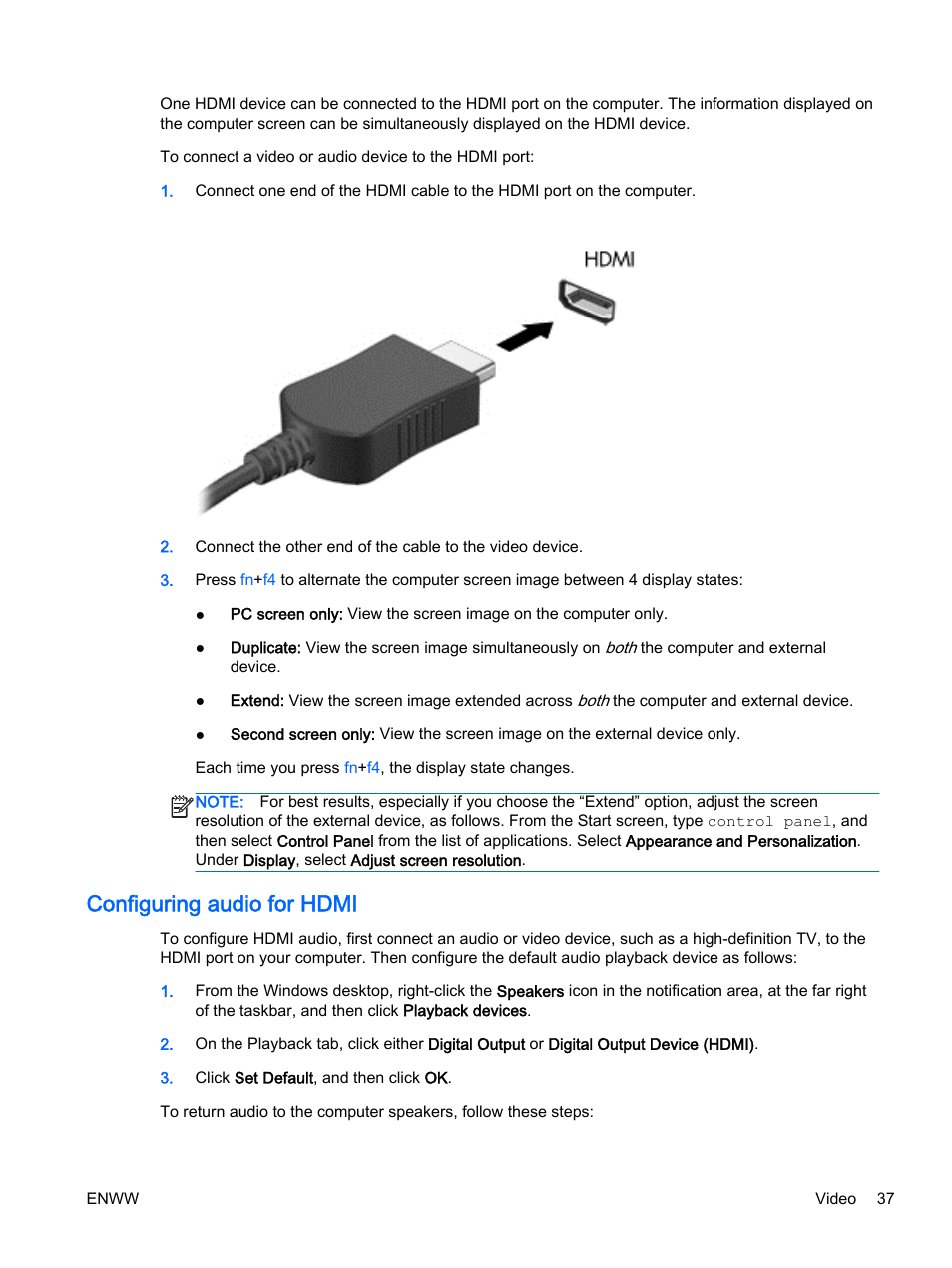 Configuring audio for hdmi | HP 350 G1 Notebook PC User Manual | Page 47 / 104