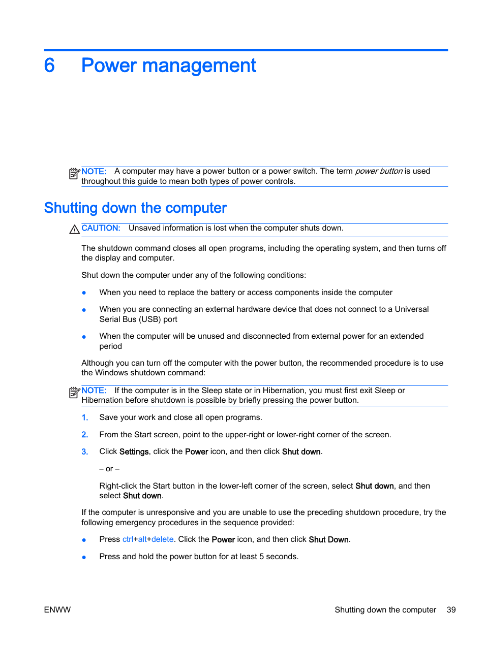 Power management, Shutting down the computer, 6 power management | 6power management | HP 350 G1 Notebook PC User Manual | Page 49 / 104