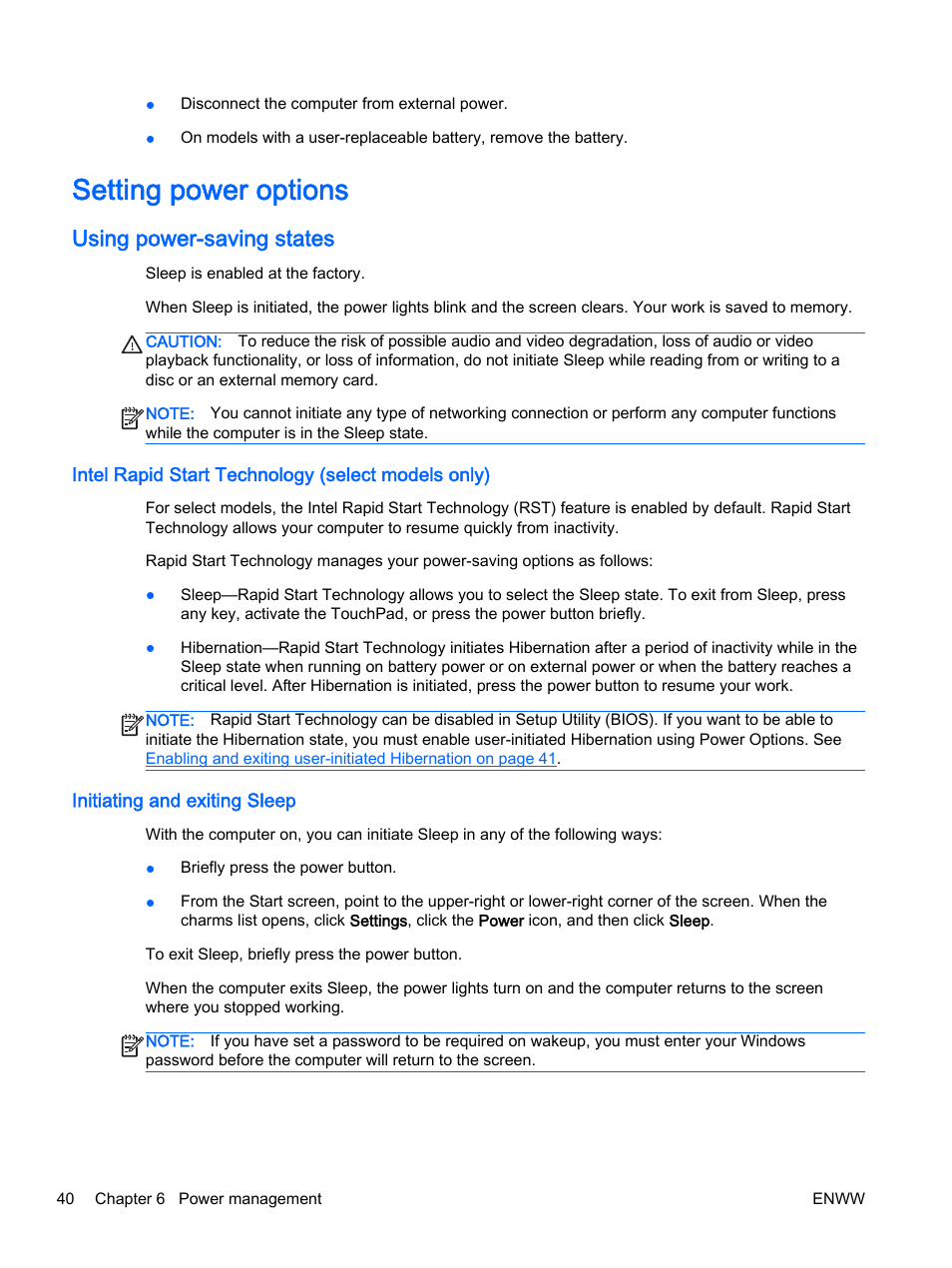 Setting power options, Using power-saving states, Intel rapid start technology (select models only) | Initiating and exiting sleep, Using power-saving | HP 350 G1 Notebook PC User Manual | Page 50 / 104