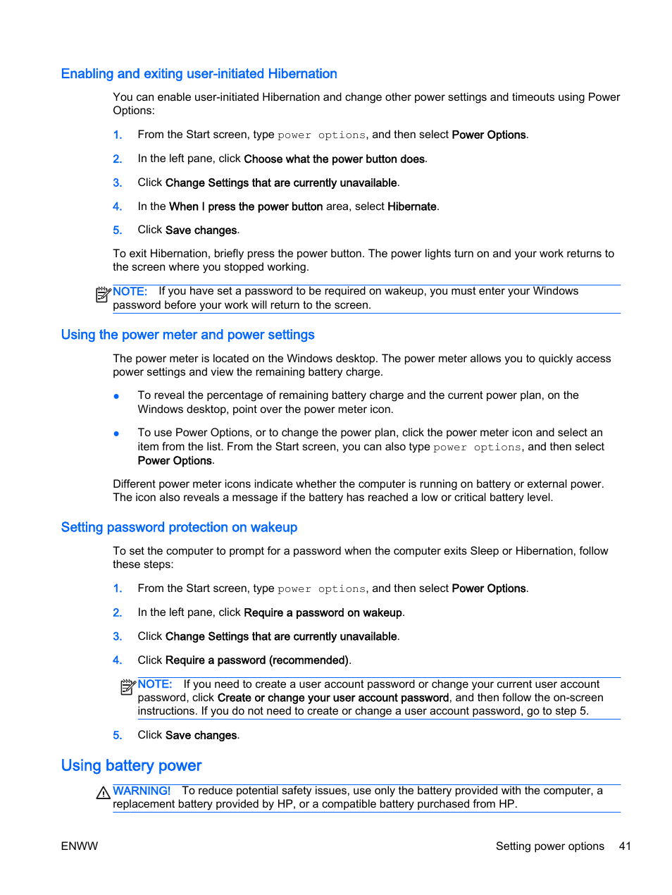 Enabling and exiting user-initiated hibernation, Using the power meter and power settings, Setting password protection on wakeup | Using battery power | HP 350 G1 Notebook PC User Manual | Page 51 / 104