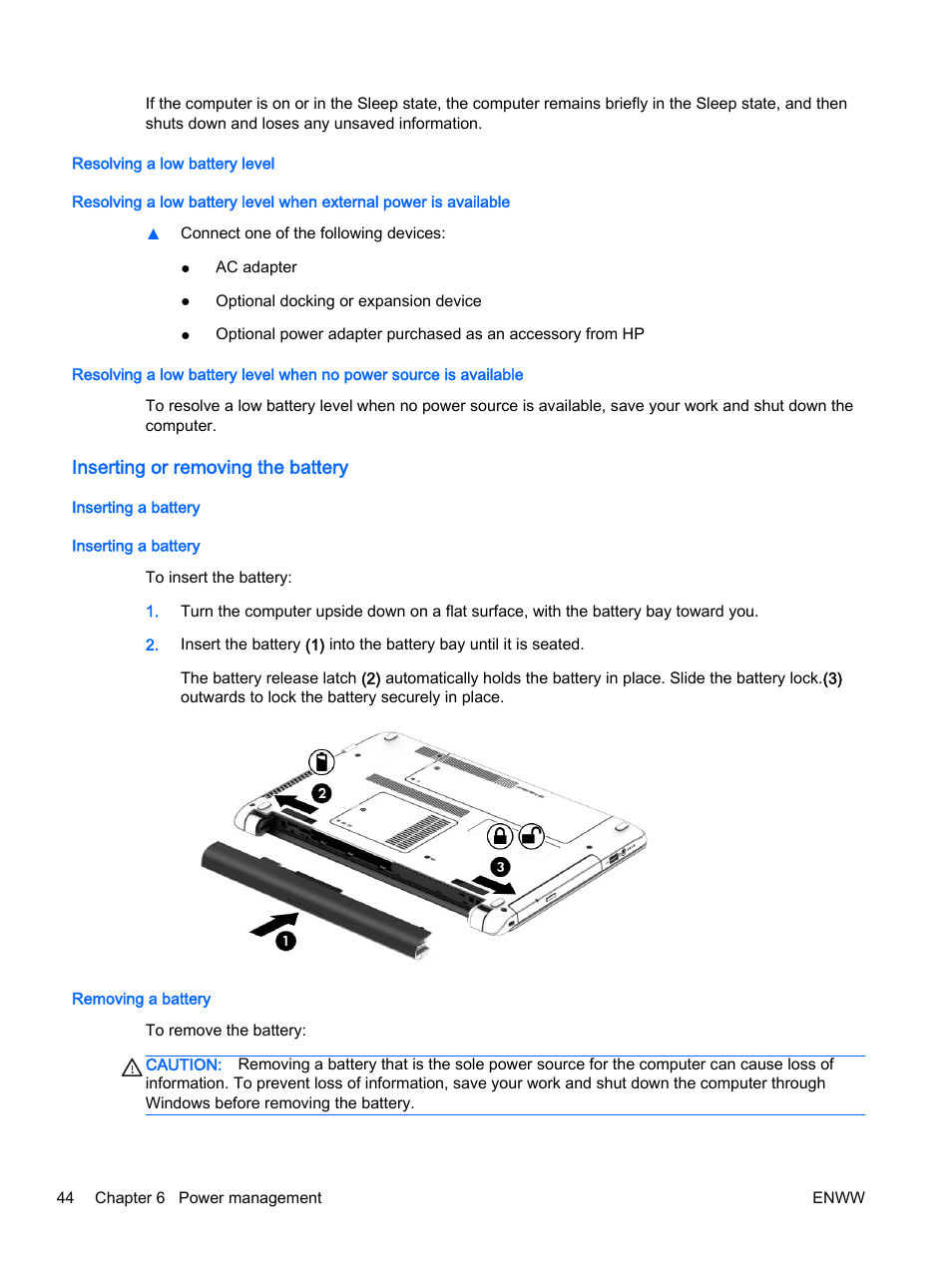 Resolving a low battery level, Inserting or removing the battery, Inserting a battery | Removing a battery, Inserting a battery removing a battery | HP 350 G1 Notebook PC User Manual | Page 54 / 104