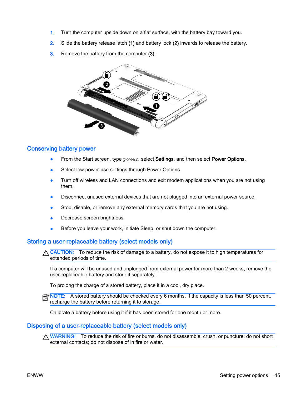 Conserving battery power | HP 350 G1 Notebook PC User Manual | Page 55 / 104