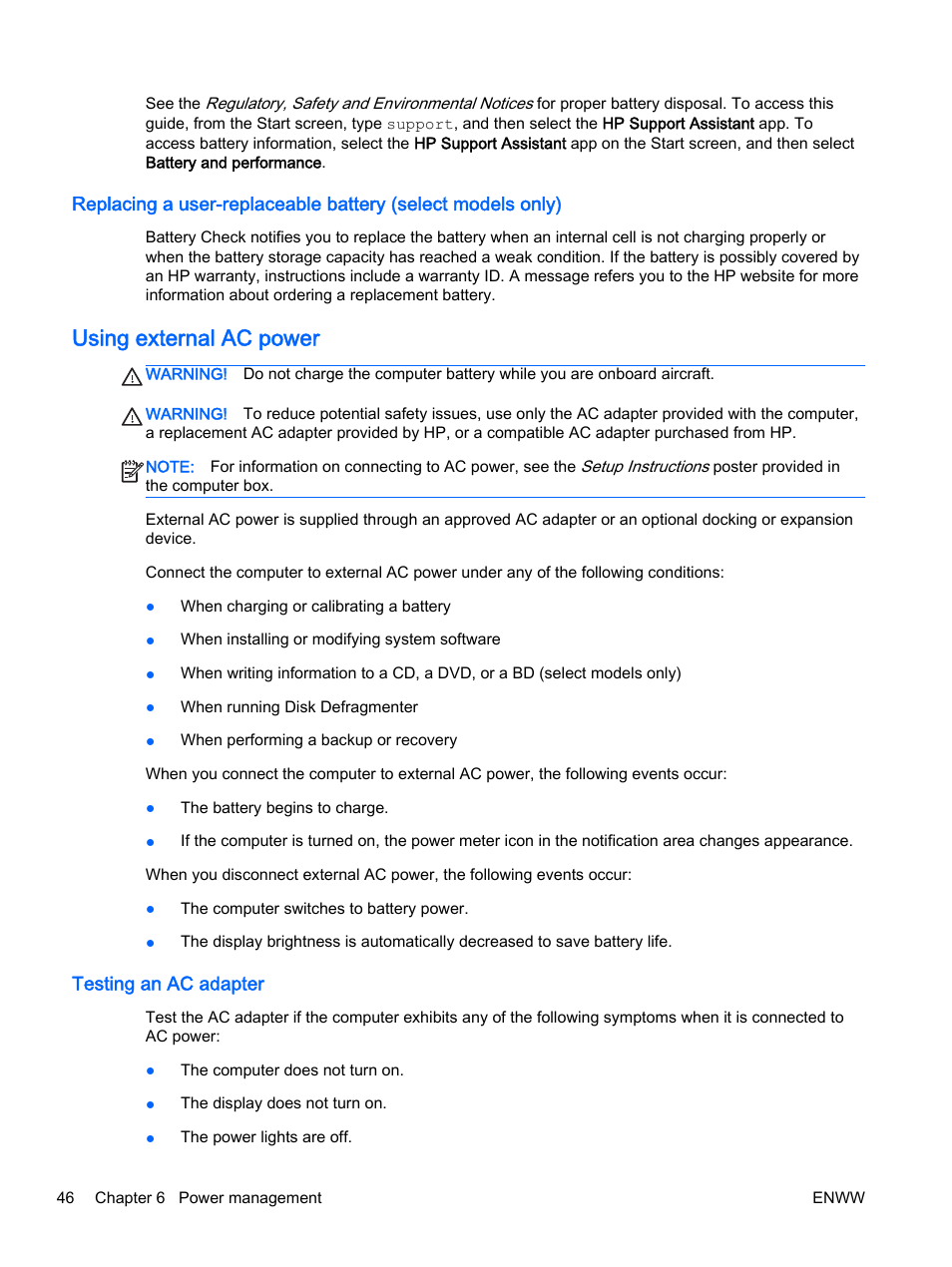 Using external ac power, Testing an ac adapter | HP 350 G1 Notebook PC User Manual | Page 56 / 104