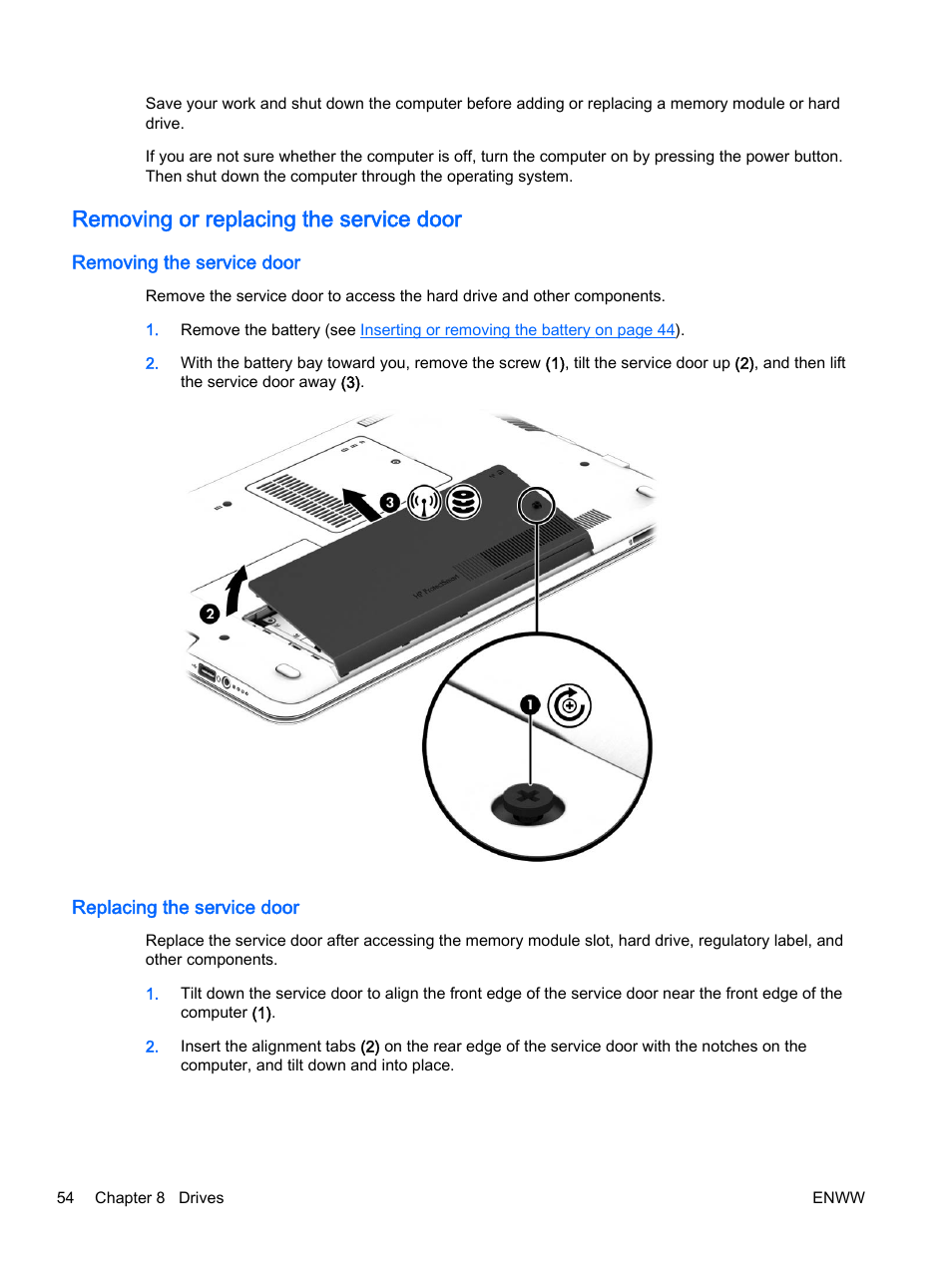 Removing or replacing the service door, Removing the service door, Replacing the service door | HP 350 G1 Notebook PC User Manual | Page 64 / 104