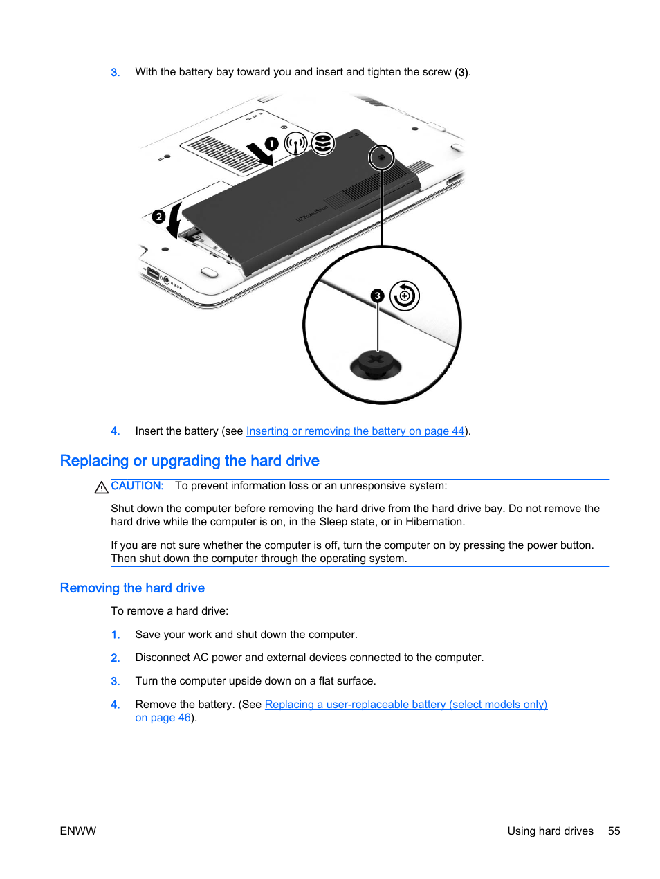 Replacing or upgrading the hard drive, Removing the hard drive | HP 350 G1 Notebook PC User Manual | Page 65 / 104