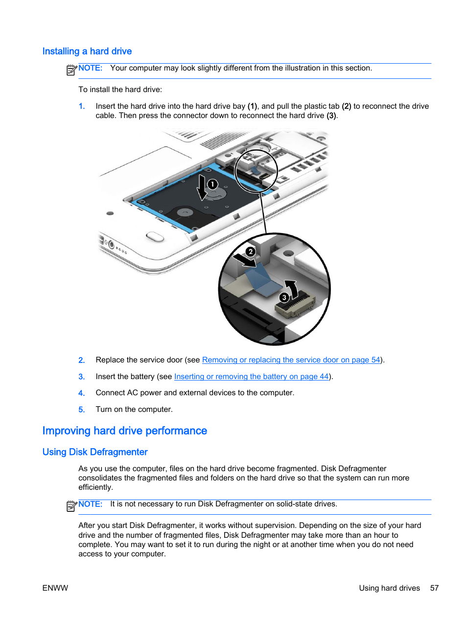 Installing a hard drive, Improving hard drive performance, Using disk defragmenter | HP 350 G1 Notebook PC User Manual | Page 67 / 104