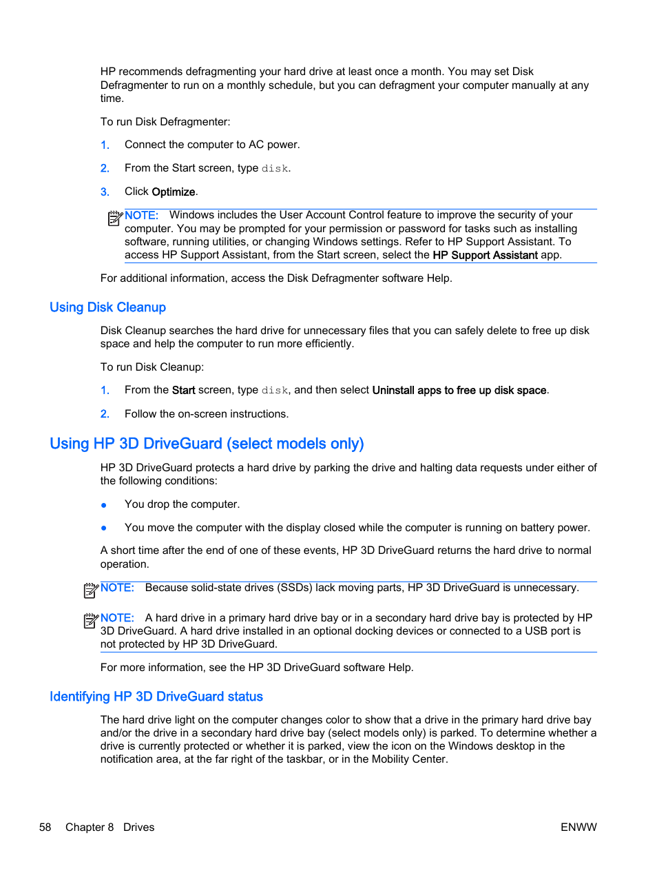 Using disk cleanup, Using hp 3d driveguard (select models only), Identifying hp 3d driveguard status | HP 350 G1 Notebook PC User Manual | Page 68 / 104