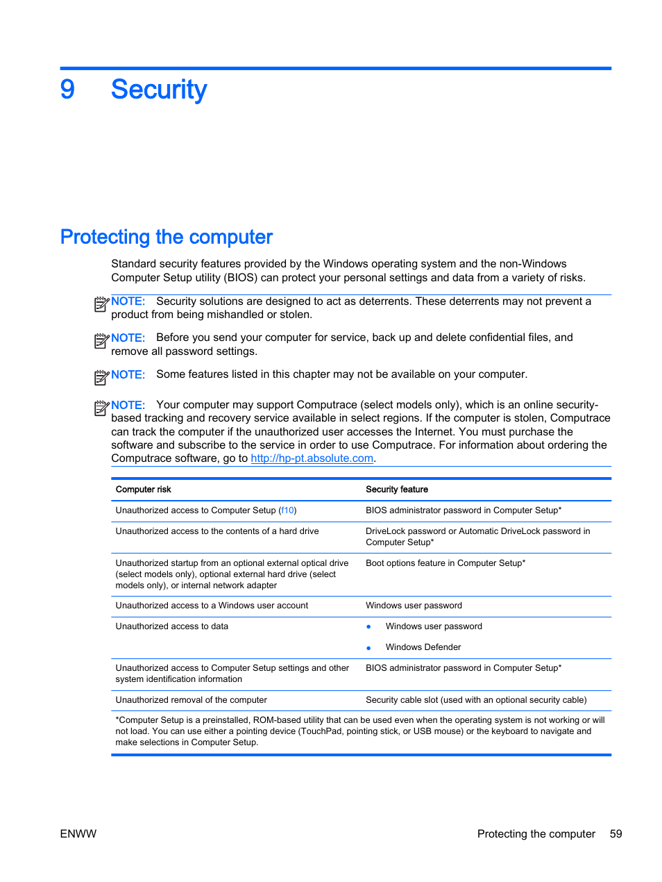 Security, Protecting the computer, 9 security | 9security | HP 350 G1 Notebook PC User Manual | Page 69 / 104