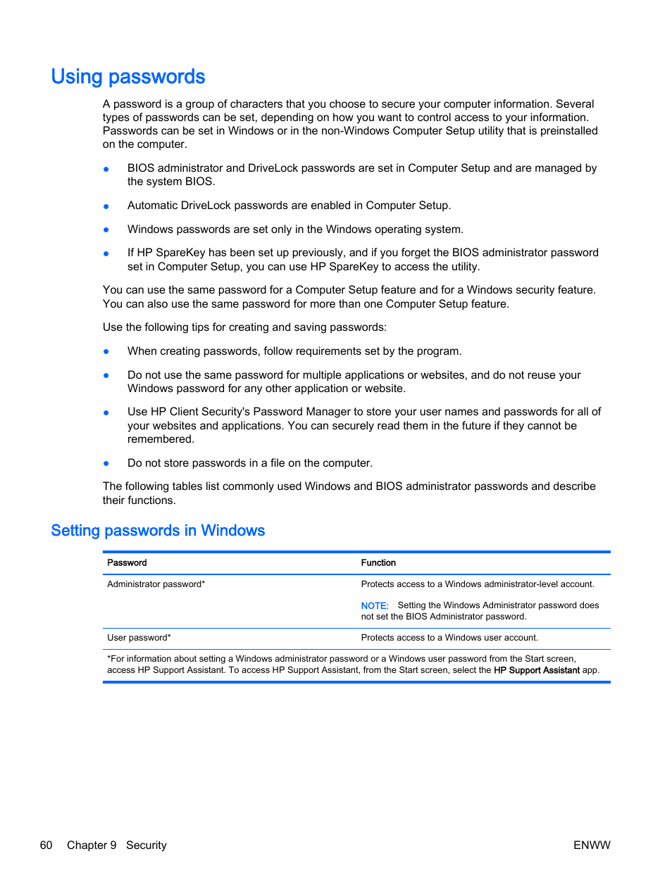 Using passwords, Setting passwords in windows | HP 350 G1 Notebook PC User Manual | Page 70 / 104