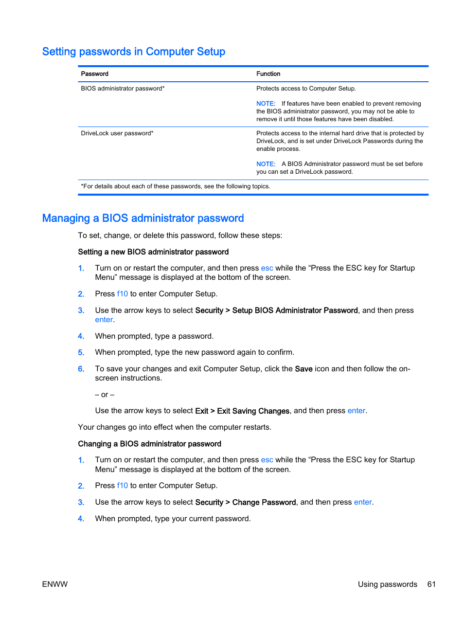 Setting passwords in computer setup, Managing a bios administrator password | HP 350 G1 Notebook PC User Manual | Page 71 / 104