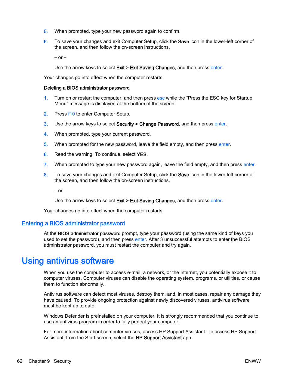 Entering a bios administrator password, Using antivirus software | HP 350 G1 Notebook PC User Manual | Page 72 / 104