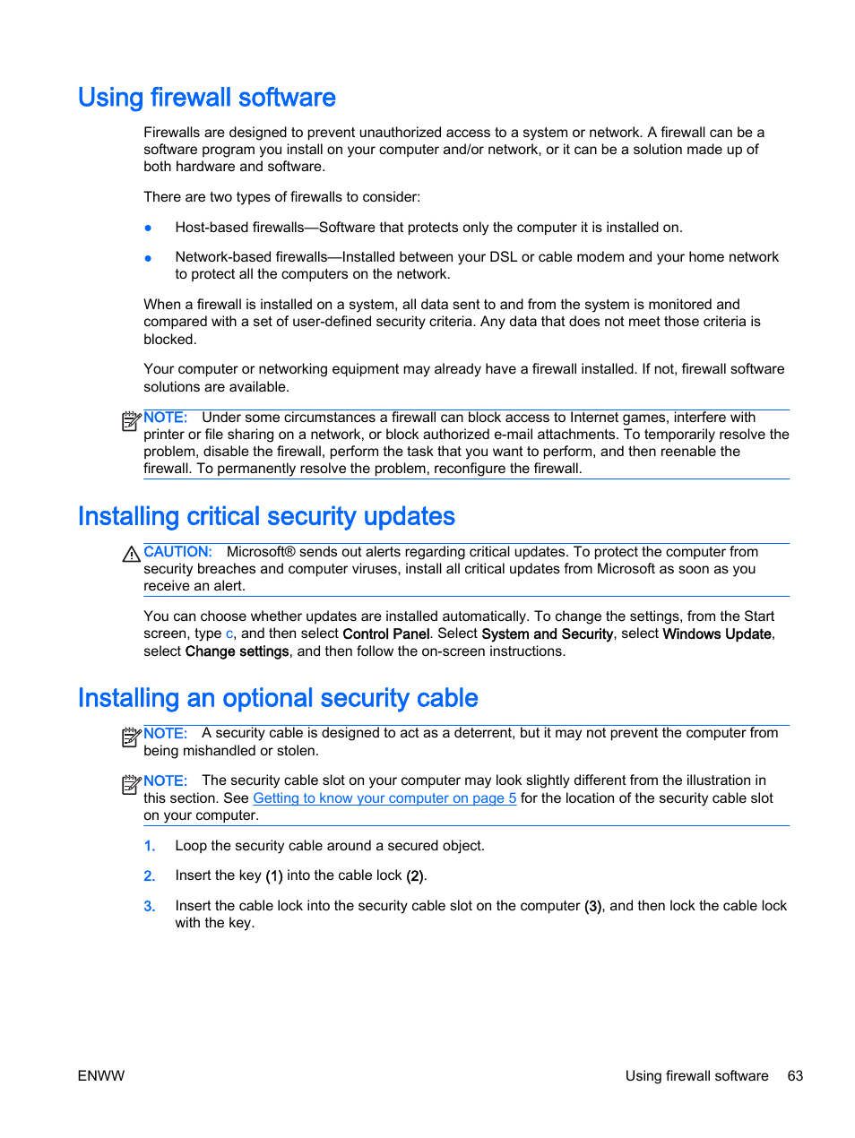Using firewall software, Installing critical security updates, Installing an optional security cable | HP 350 G1 Notebook PC User Manual | Page 73 / 104