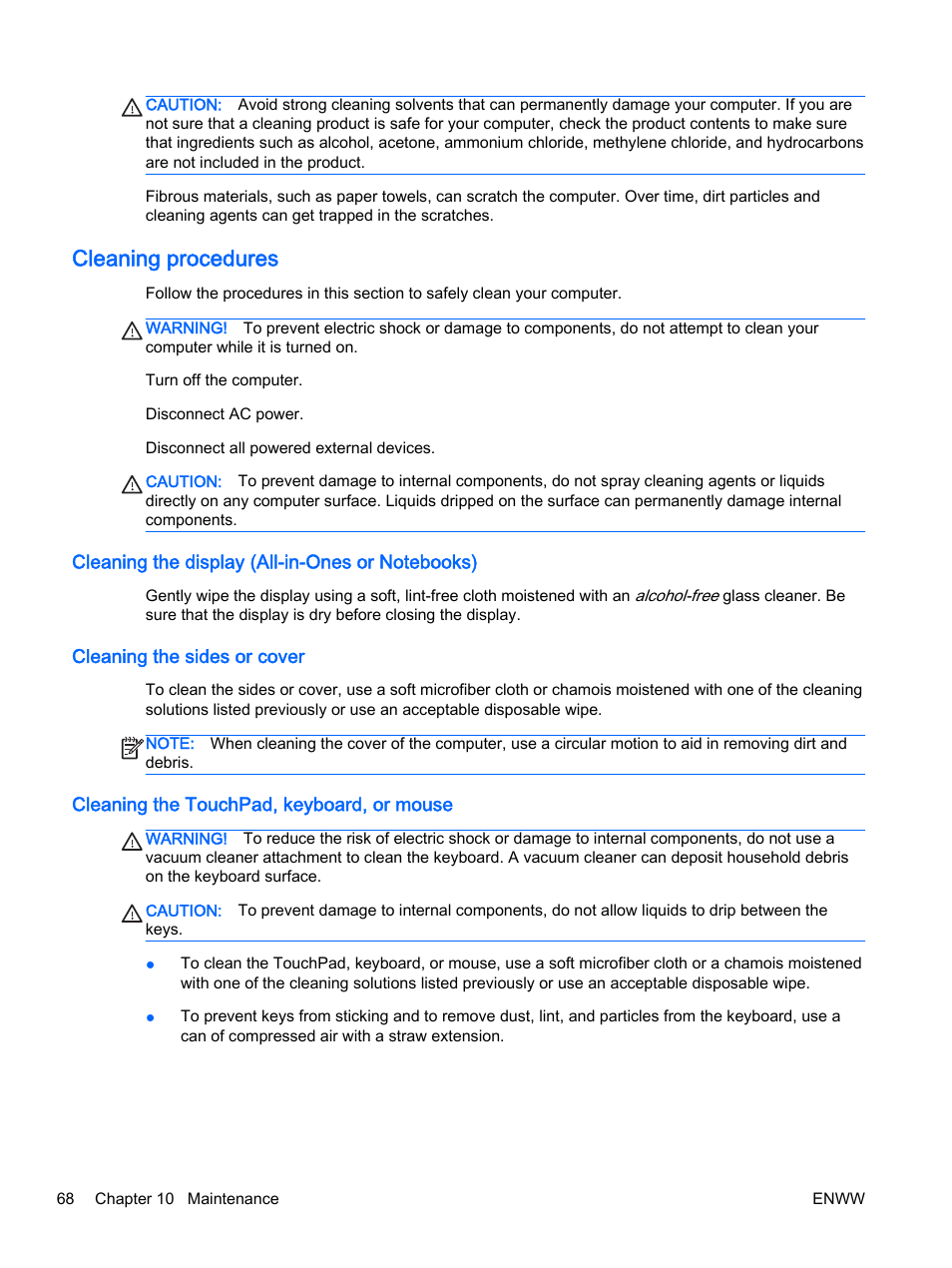 Cleaning procedures, Cleaning the display (all-in-ones or notebooks), Cleaning the sides or cover | Cleaning the touchpad, keyboard, or mouse | HP 350 G1 Notebook PC User Manual | Page 78 / 104