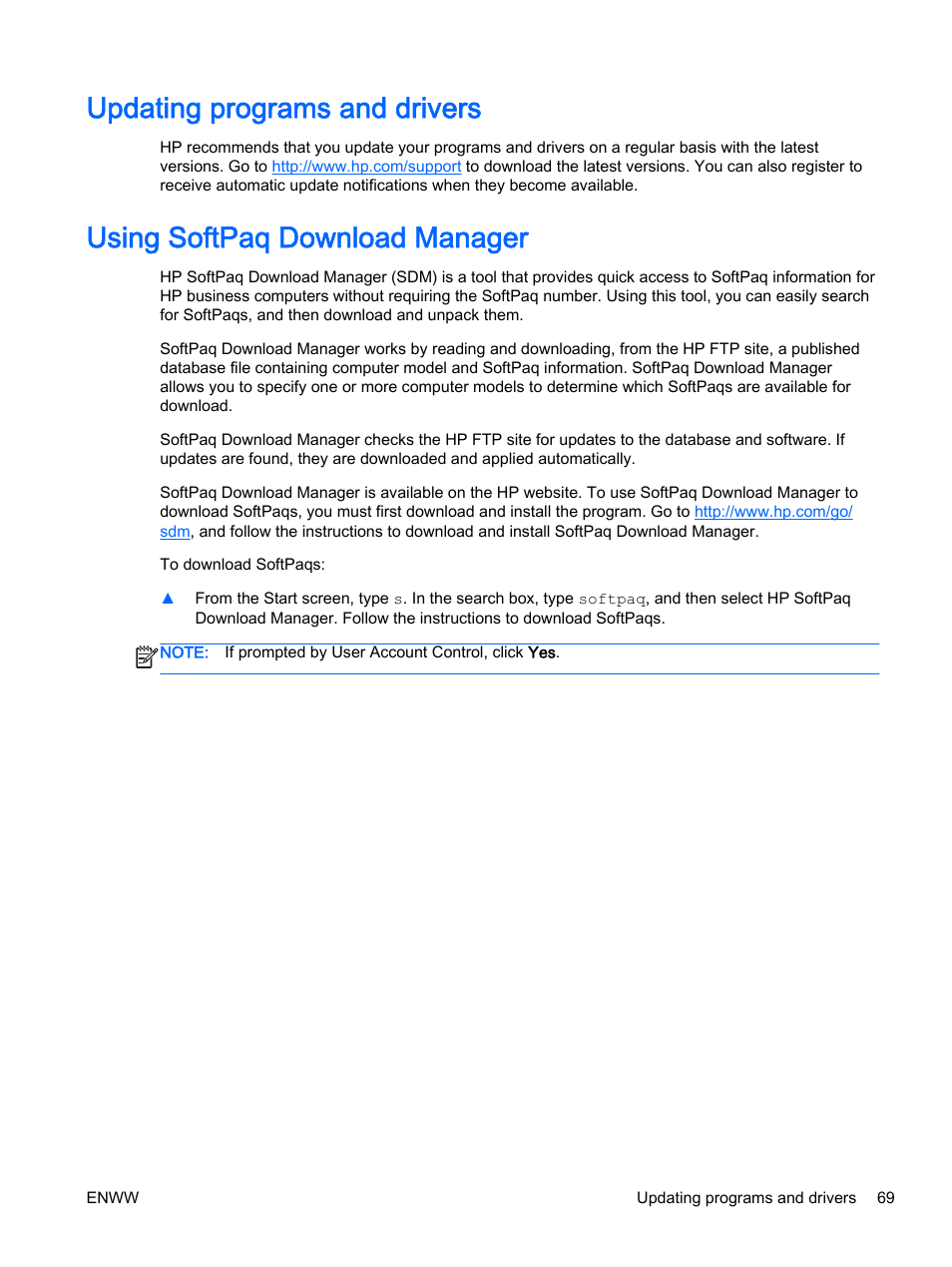 Updating programs and drivers, Using softpaq download manager | HP 350 G1 Notebook PC User Manual | Page 79 / 104