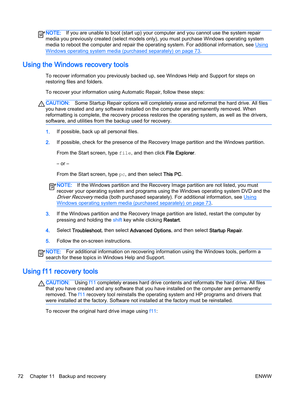 Using the windows recovery tools, Using f11 recovery tools | HP 350 G1 Notebook PC User Manual | Page 82 / 104