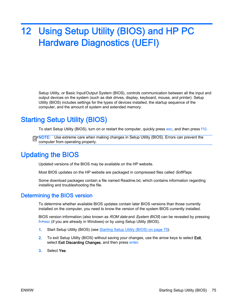 Starting setup utility (bios), Updating the bios, Determining the bios version | Starting setup utility (bios) updating the bios | HP 350 G1 Notebook PC User Manual | Page 85 / 104