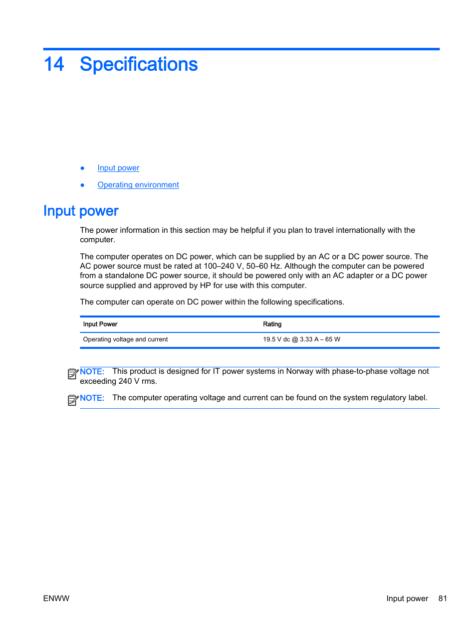 Specifications, Input power, 14 specifications | HP 350 G1 Notebook PC User Manual | Page 91 / 104