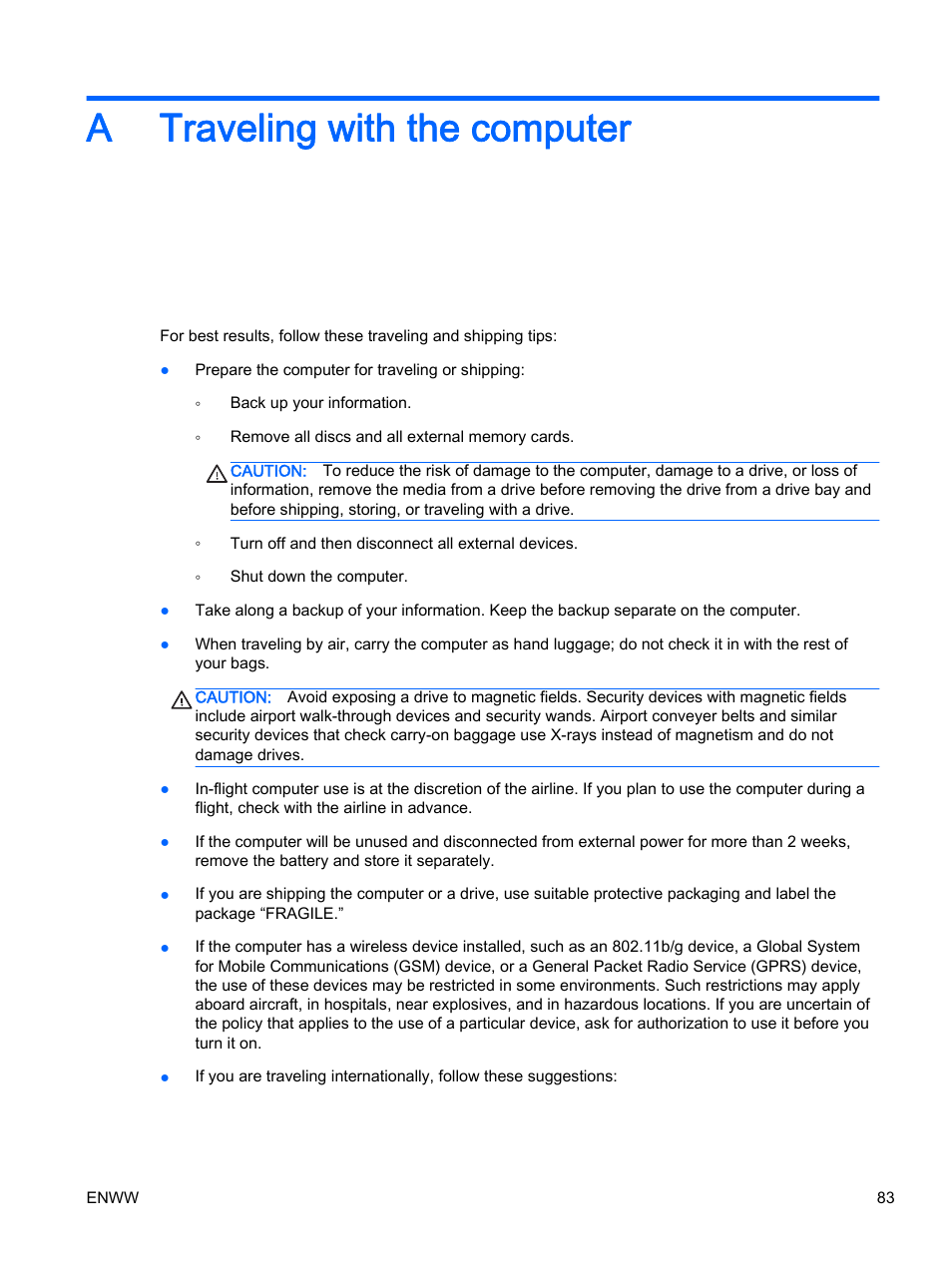 Traveling with the computer, Appendix a traveling with the computer, A traveling with the computer | HP 350 G1 Notebook PC User Manual | Page 93 / 104