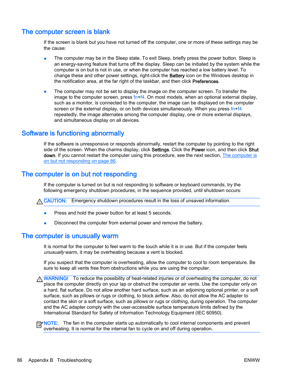 The computer screen is blank, Software is functioning abnormally, The computer is on but not responding | The computer is unusually warm | HP 350 G1 Notebook PC User Manual | Page 96 / 104