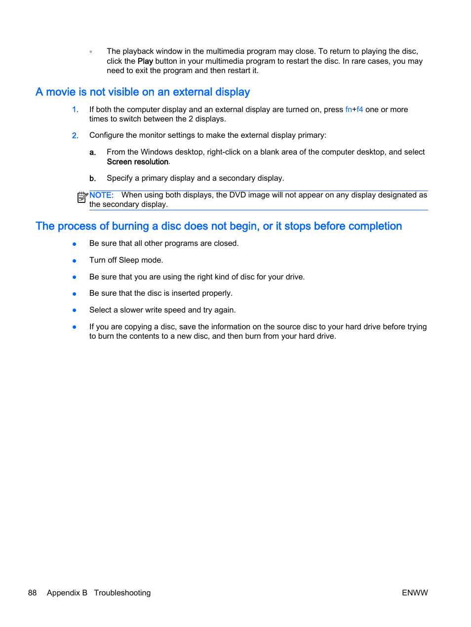 A movie is not visible on an external display | HP 350 G1 Notebook PC User Manual | Page 98 / 104