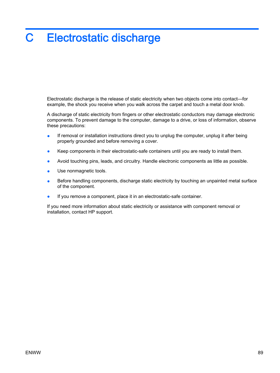 Electrostatic discharge, Appendix c electrostatic discharge, C electrostatic discharge | HP 350 G1 Notebook PC User Manual | Page 99 / 104