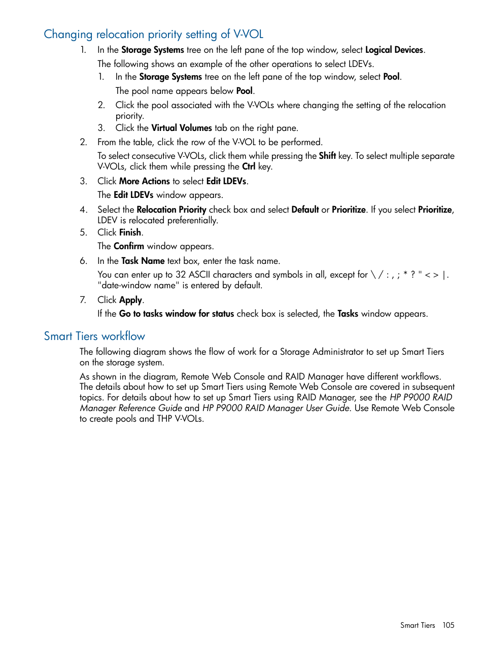 Changing relocation priority setting of v-vol, Smart tiers workflow | HP XP P9500 Storage User Manual | Page 105 / 411