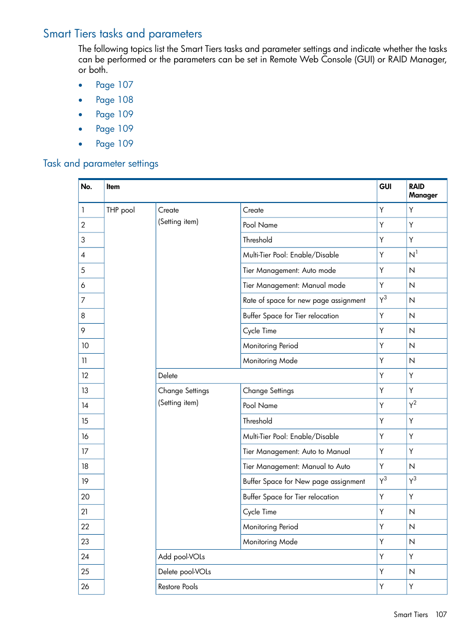 Smart tiers tasks and parameters, Task and parameter settings | HP XP P9500 Storage User Manual | Page 107 / 411