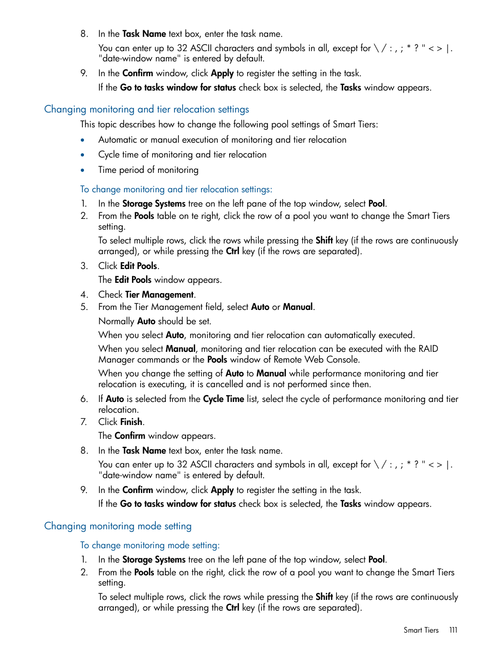Changing monitoring and tier relocation settings, Changing monitoring mode setting | HP XP P9500 Storage User Manual | Page 111 / 411