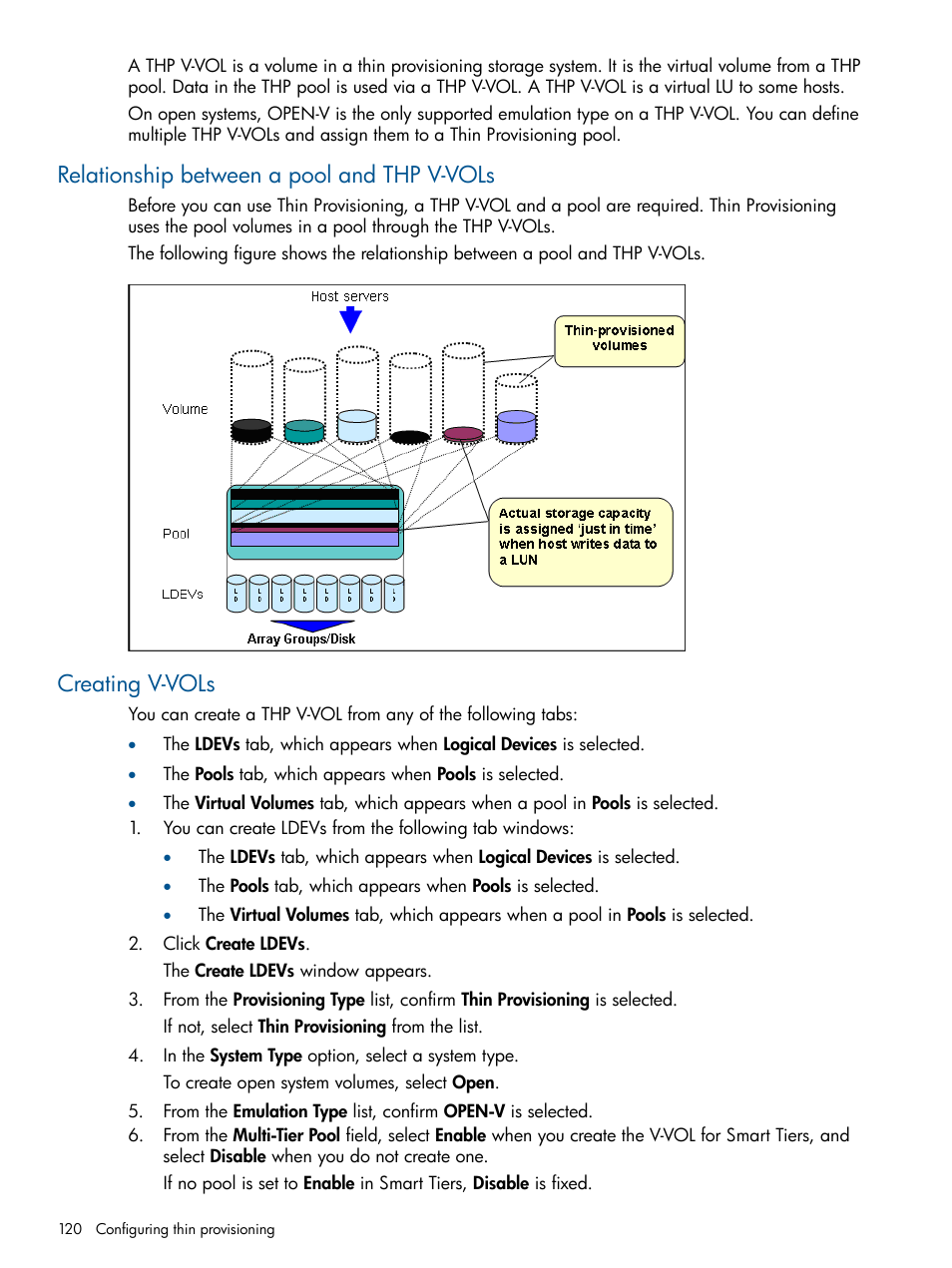 Relationship between a pool and thp v-vols, Creating v-vols | HP XP P9500 Storage User Manual | Page 120 / 411