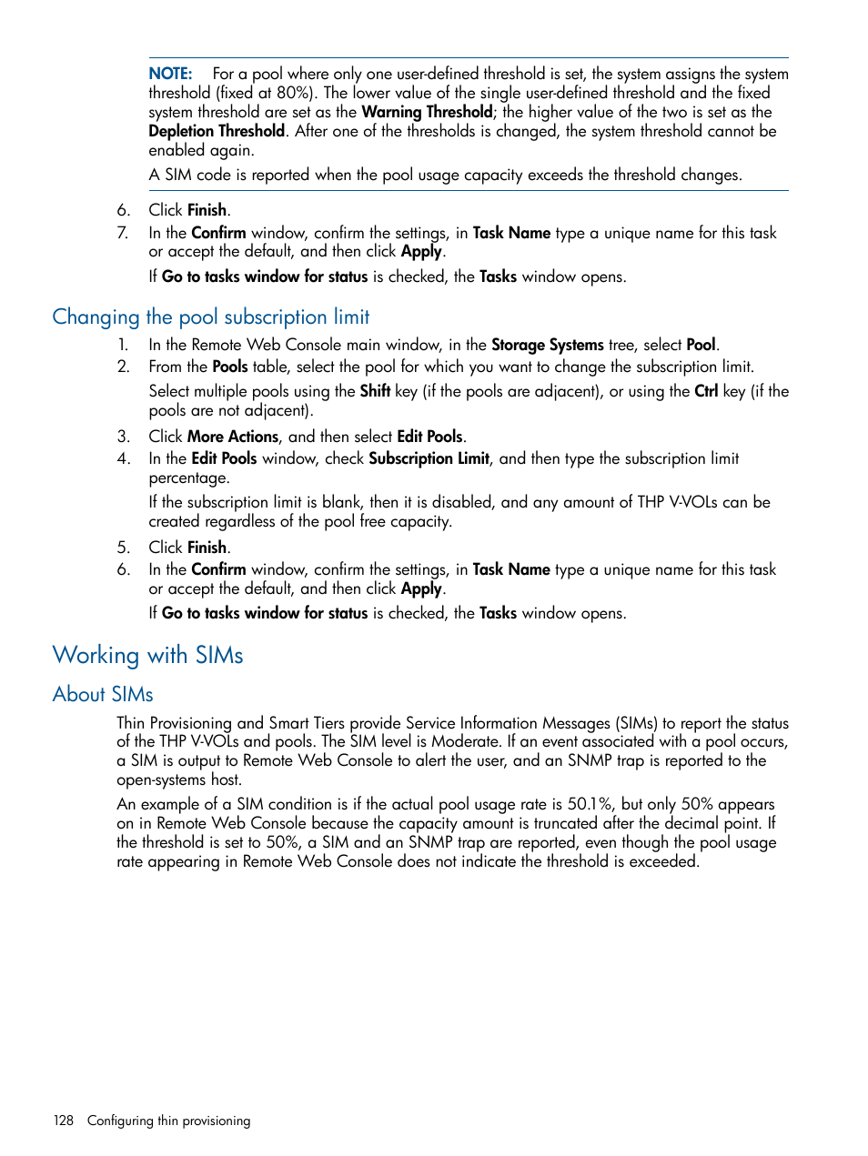 Changing the pool subscription limit, Working with sims, About sims | HP XP P9500 Storage User Manual | Page 128 / 411