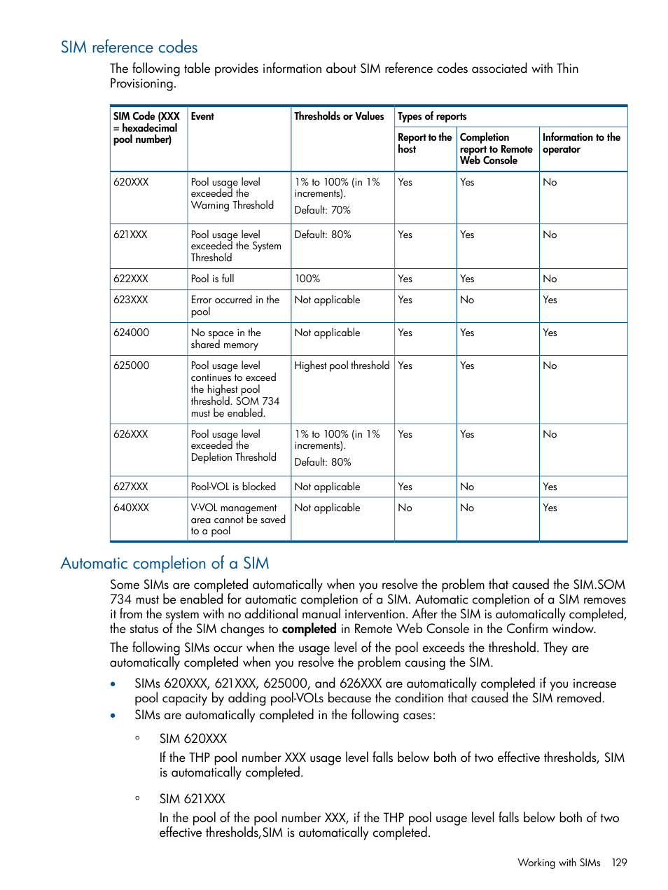 Sim reference codes, Automatic completion of a sim, Sim reference codes automatic completion of a sim | HP XP P9500 Storage User Manual | Page 129 / 411