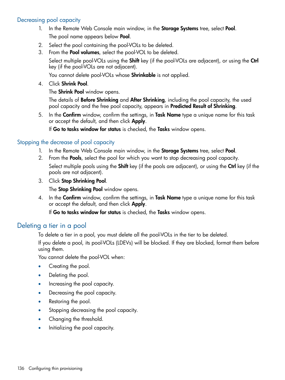 Decreasing pool capacity, Stopping the decrease of pool capacity, Deleting a tier in a pool | HP XP P9500 Storage User Manual | Page 136 / 411