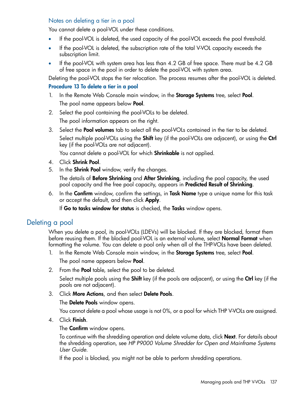 Deleting a pool | HP XP P9500 Storage User Manual | Page 137 / 411