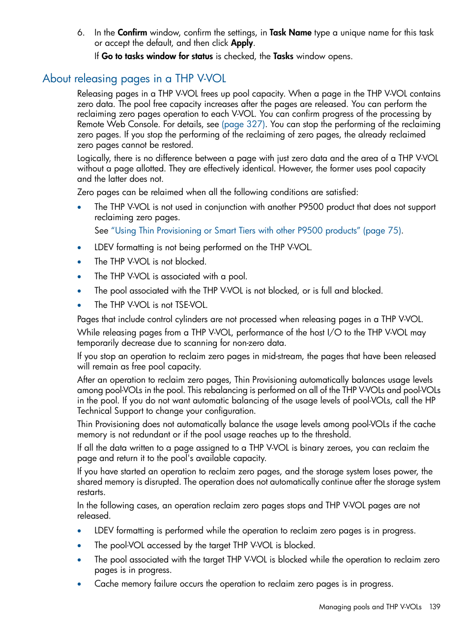 About releasing pages in a thp v-vol | HP XP P9500 Storage User Manual | Page 139 / 411