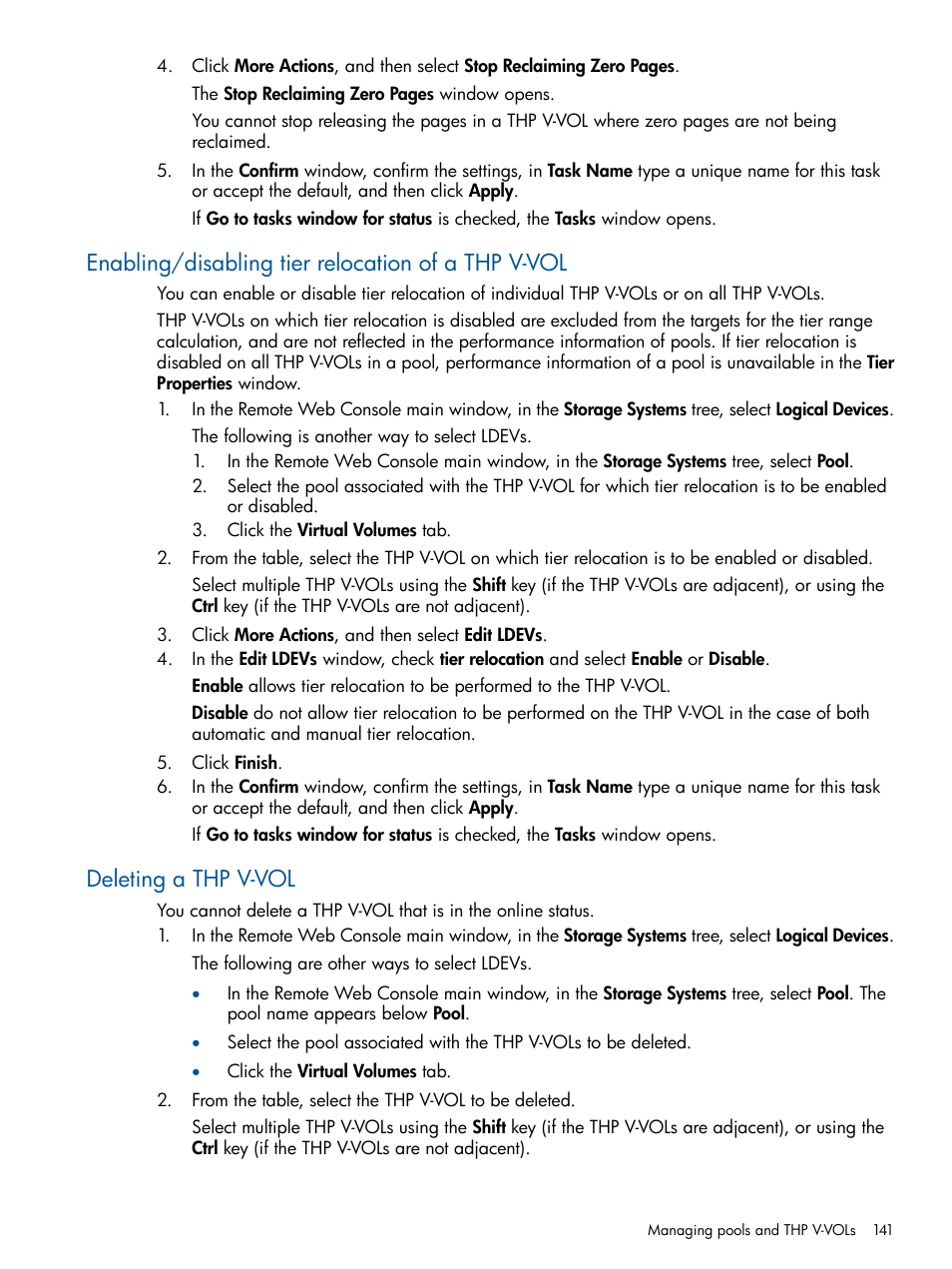 Enabling/disabling tier relocation of a thp v-vol, Deleting a thp v-vol | HP XP P9500 Storage User Manual | Page 141 / 411