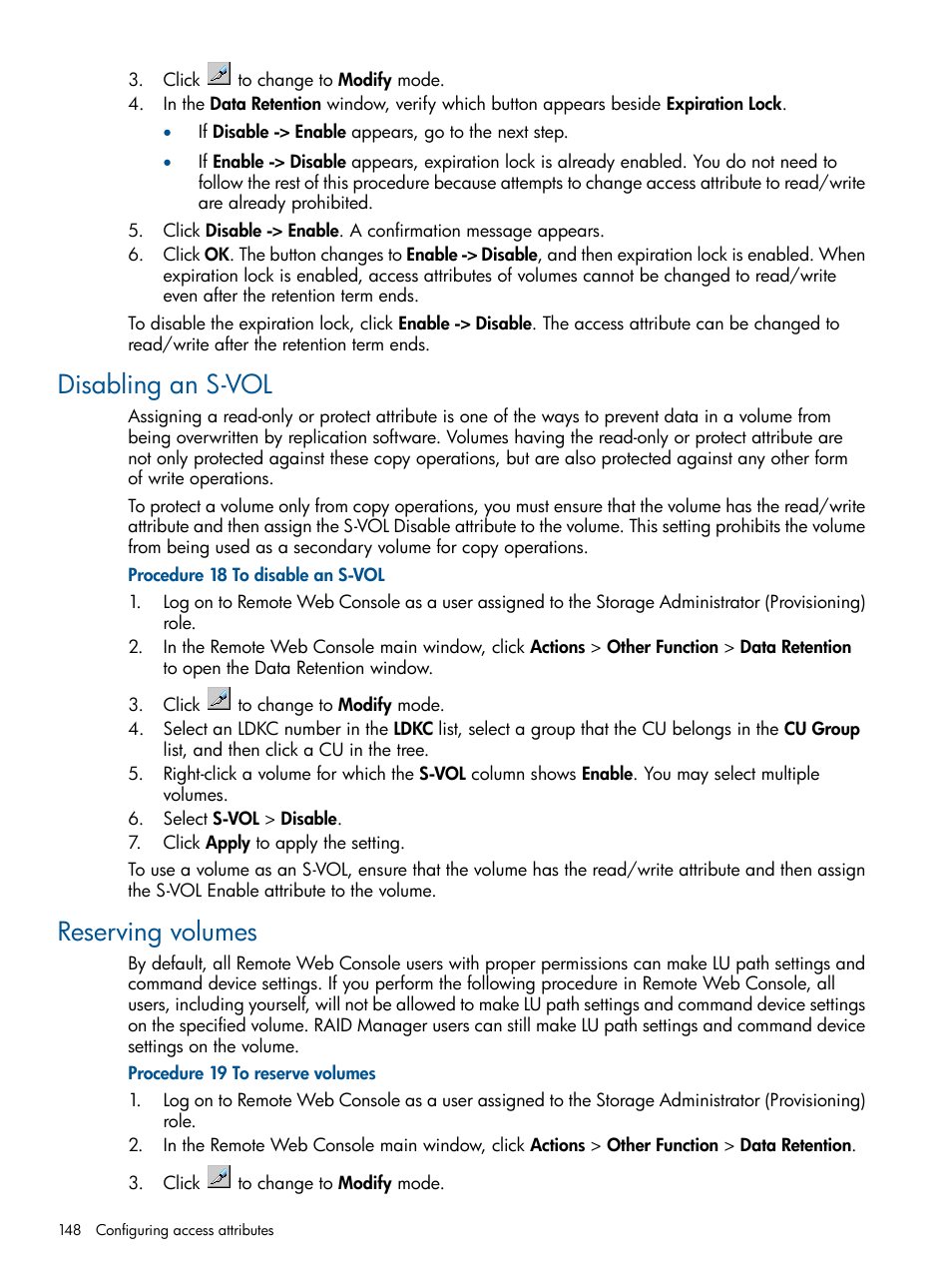 Disabling an s-vol, Reserving volumes, Disabling an s-vol reserving volumes | HP XP P9500 Storage User Manual | Page 148 / 411