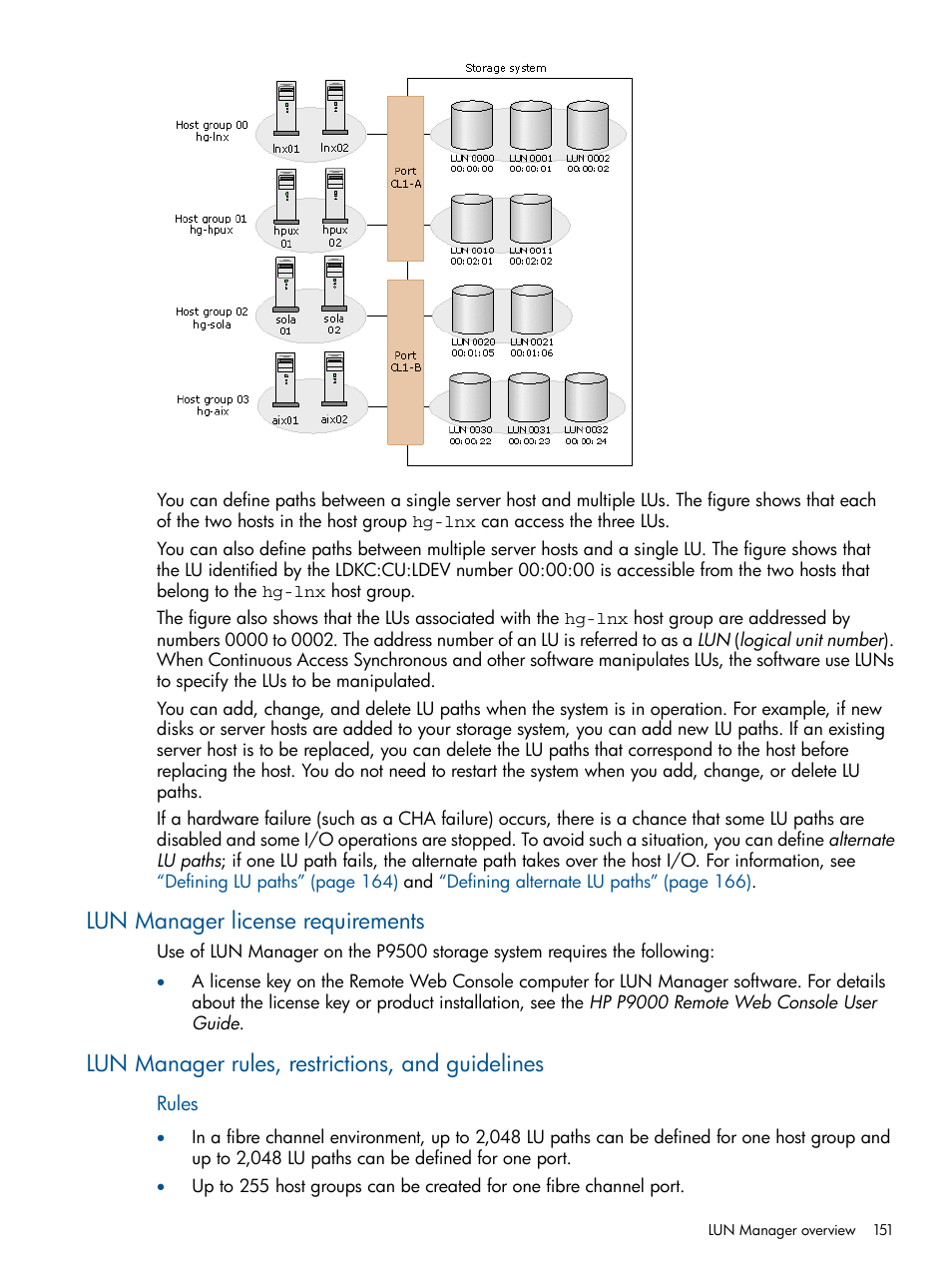 Lun manager license requirements, Lun manager rules, restrictions, and guidelines | HP XP P9500 Storage User Manual | Page 151 / 411