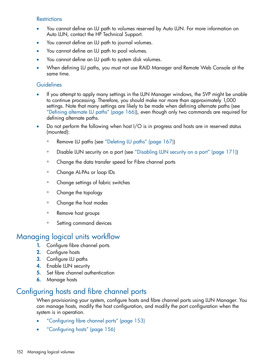 Managing logical units workflow, Configuring hosts and fibre channel ports | HP XP P9500 Storage User Manual | Page 152 / 411