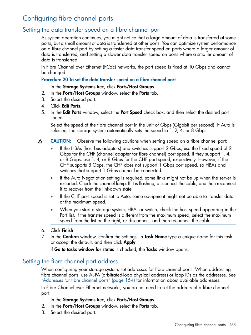 Configuring fibre channel ports, Setting the fibre channel port address | HP XP P9500 Storage User Manual | Page 153 / 411
