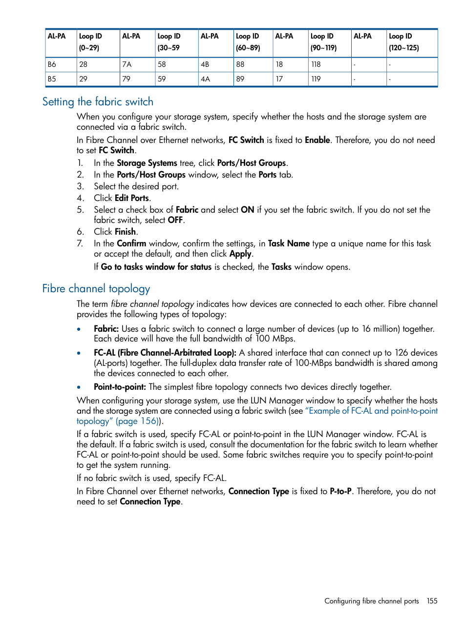 Setting the fabric switch, Fibre channel topology | HP XP P9500 Storage User Manual | Page 155 / 411