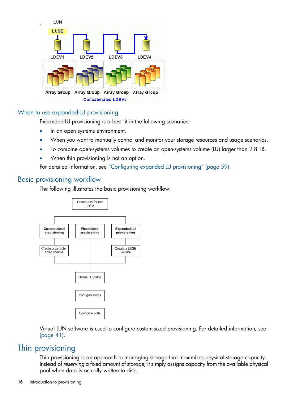 When to use expanded-lu provisioning, Basic provisioning workflow, Thin provisioning | HP XP P9500 Storage User Manual | Page 16 / 411