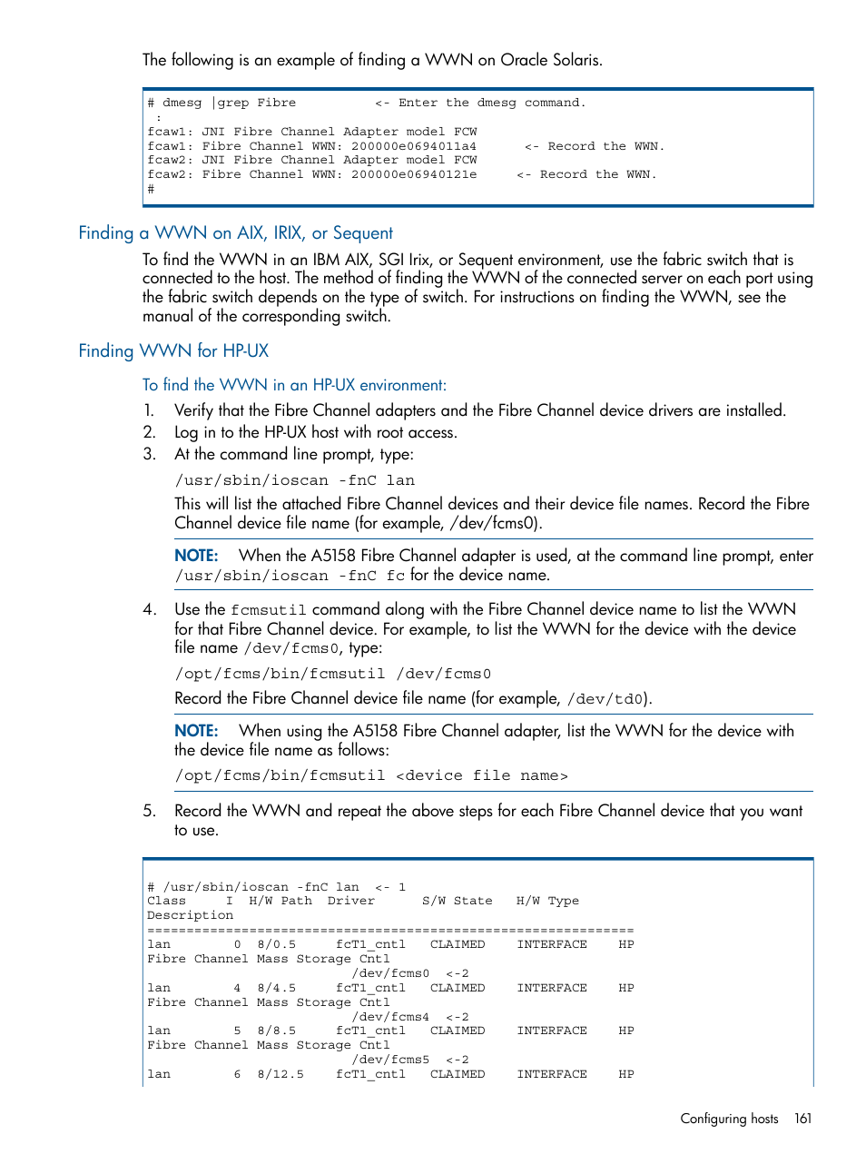 Finding a wwn on aix, irix, or sequent, Finding wwn for hp-ux | HP XP P9500 Storage User Manual | Page 161 / 411