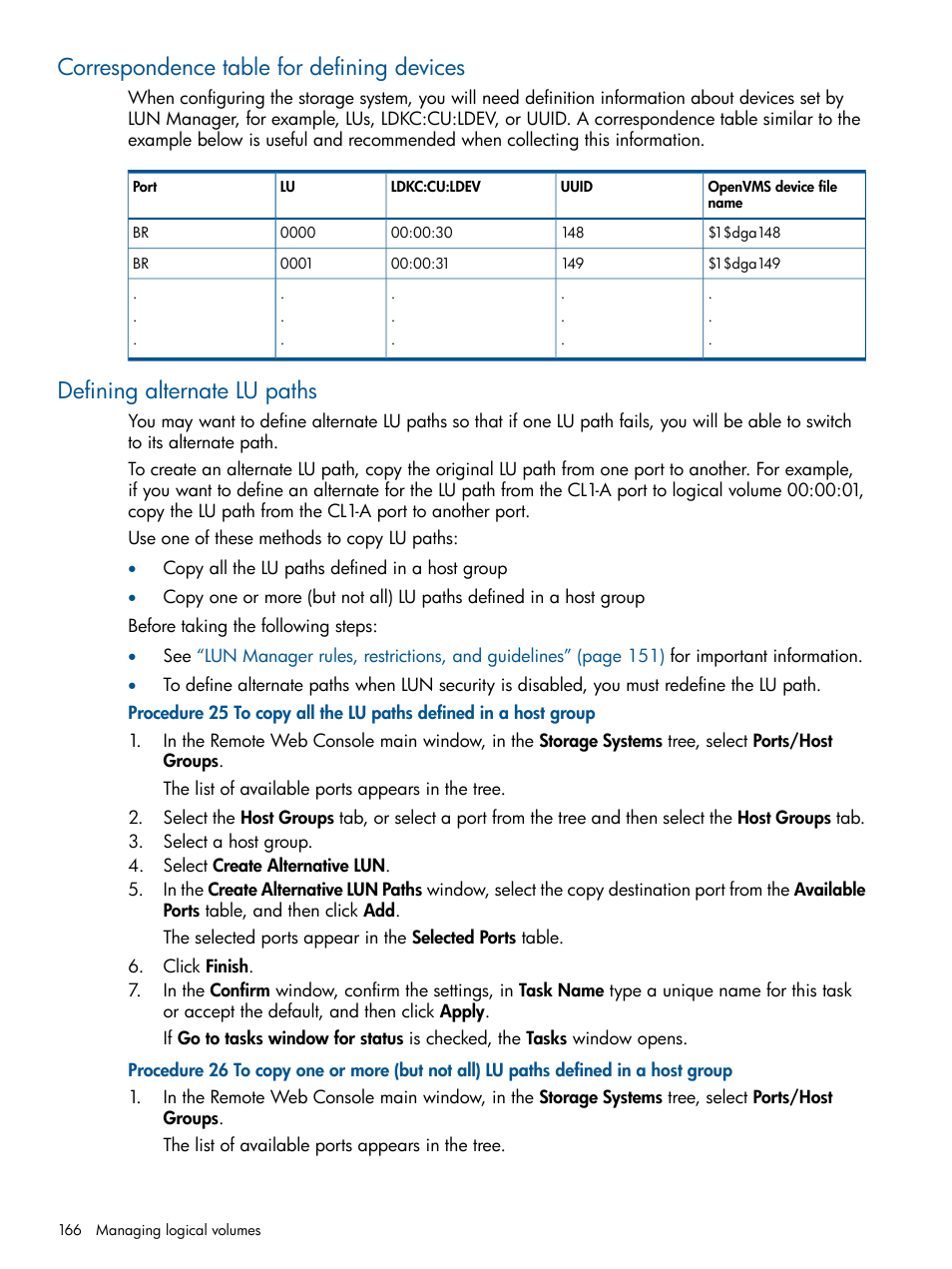 Correspondence table for defining devices, Defining alternate lu paths | HP XP P9500 Storage User Manual | Page 166 / 411