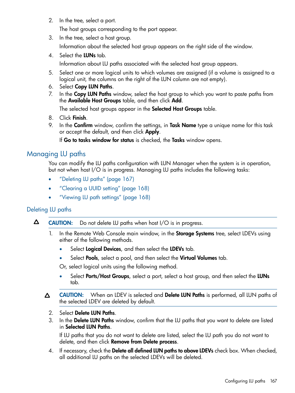 Managing lu paths, Deleting lu paths | HP XP P9500 Storage User Manual | Page 167 / 411