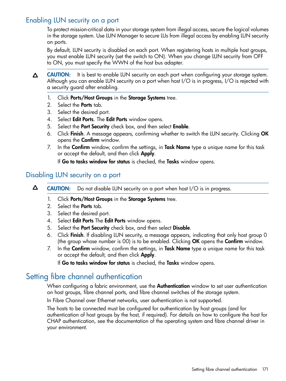 Enabling lun security on a port, Disabling lun security on a port, Setting fibre channel authentication | HP XP P9500 Storage User Manual | Page 171 / 411