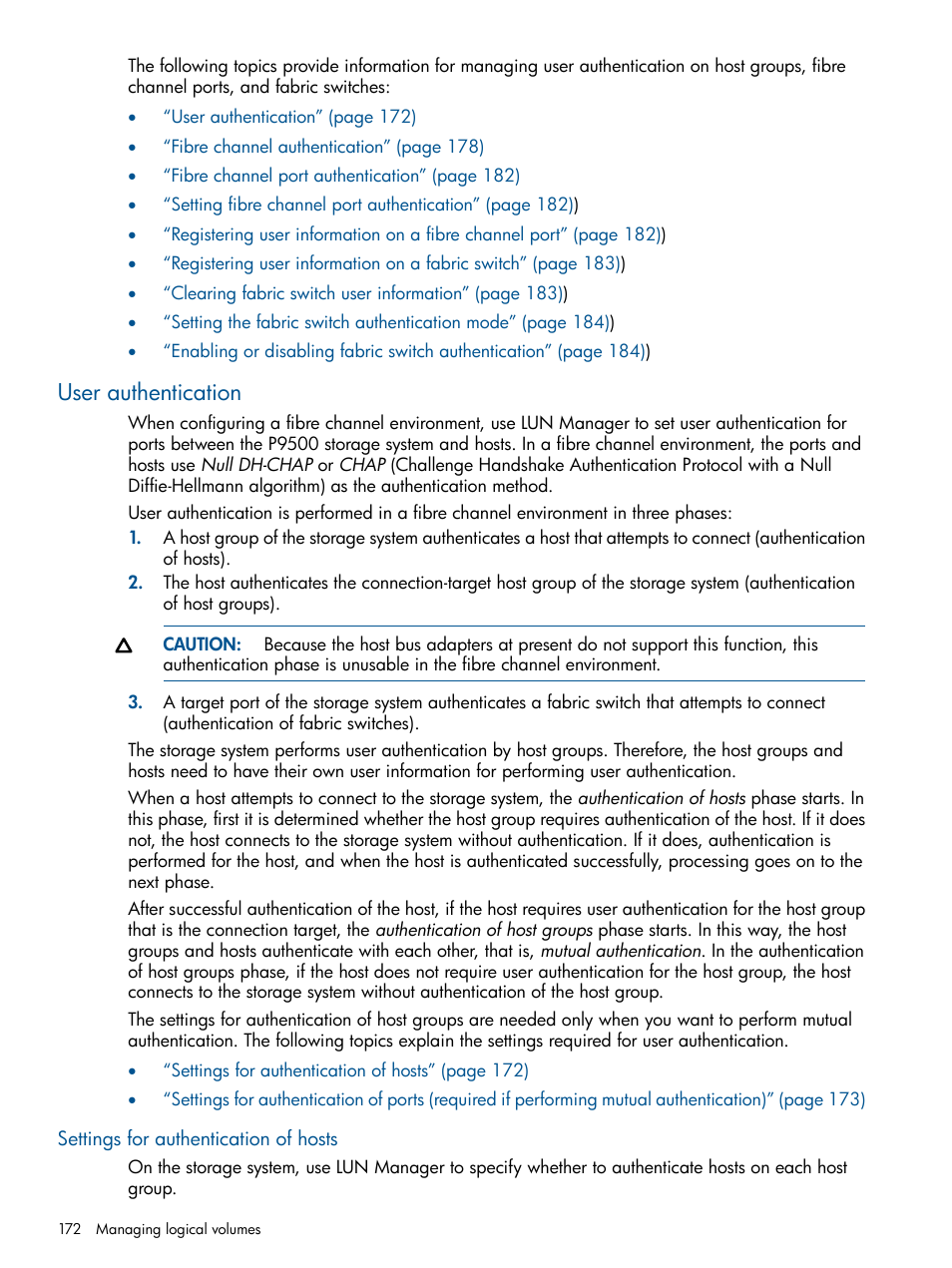 User authentication, Settings for authentication of hosts | HP XP P9500 Storage User Manual | Page 172 / 411