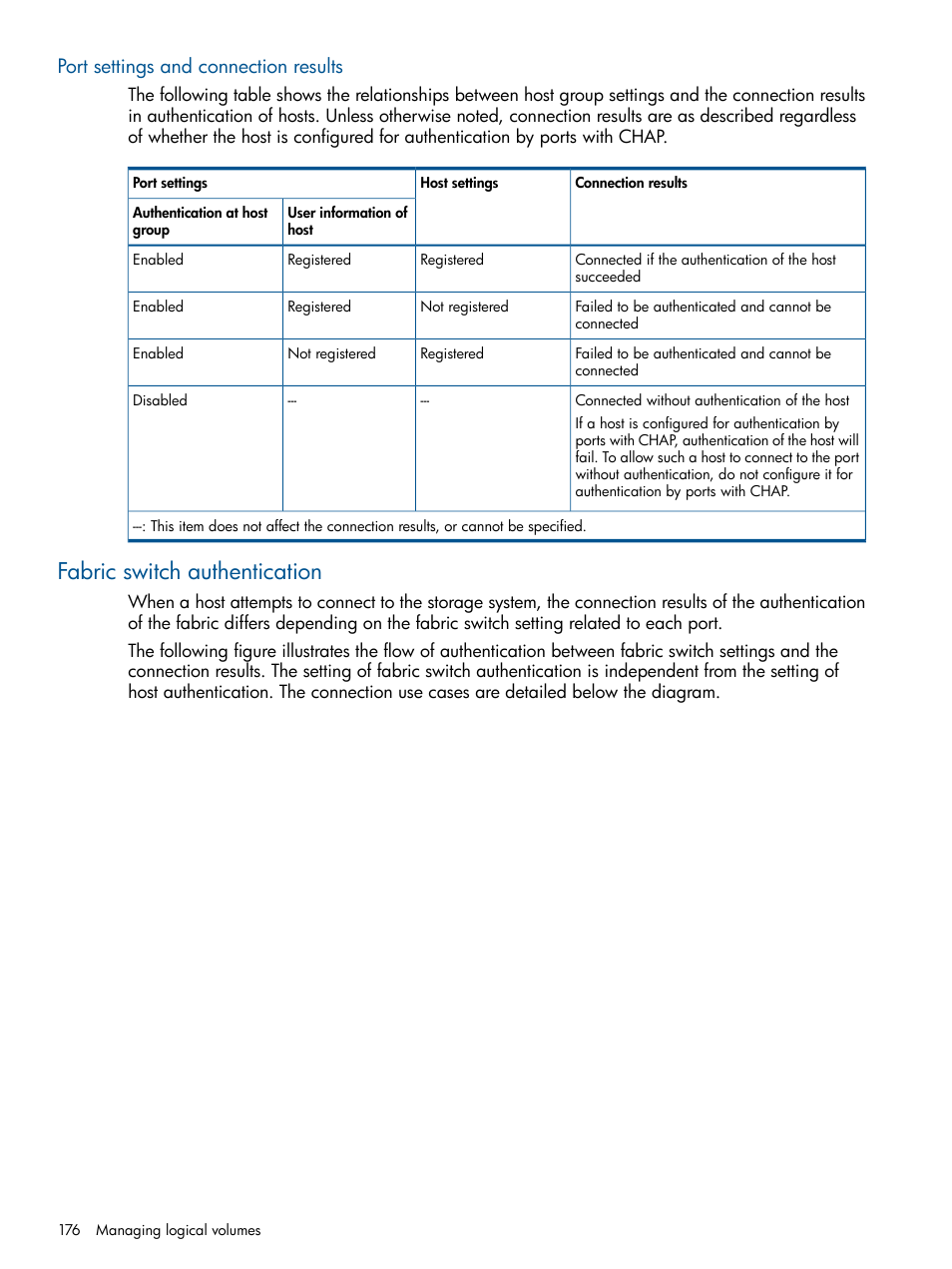 Port settings and connection results, Fabric switch authentication | HP XP P9500 Storage User Manual | Page 176 / 411